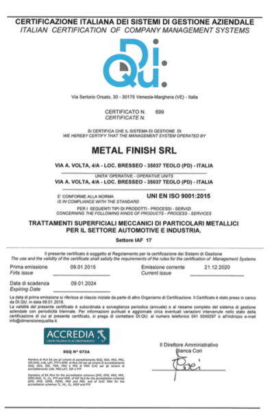 Certificato dell'ente di accreditamento per la qualità del lavoro